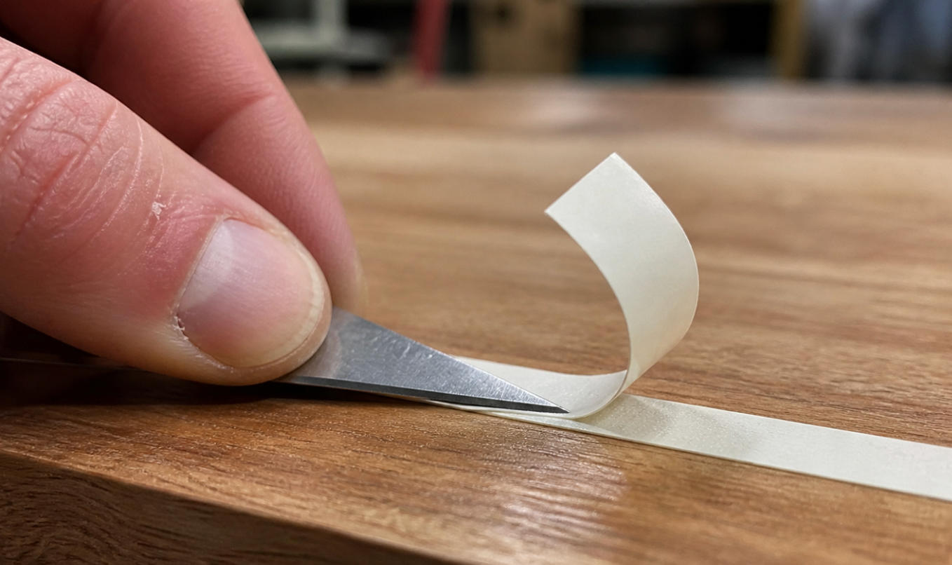Using a scraper at a low angle to separate backing from double-sided tape